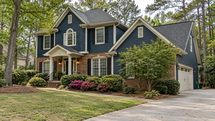 AI color concept: navy siding and fresh white trim on a Georgia home