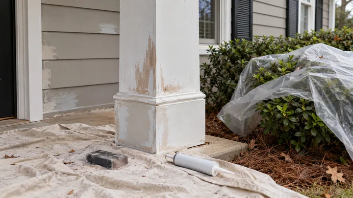 AI concept: sanded exterior trim and protected planting beds