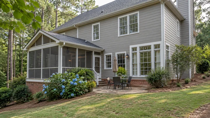 AI concept: gray siding and a screened porch viewed from the rear garden