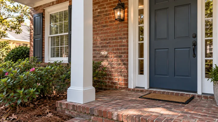 AI concept: fresh white porch trim and a slate-blue front door