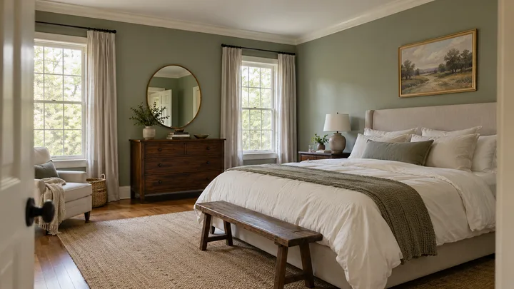 AI concept: sage-gray bedroom walls and white trim