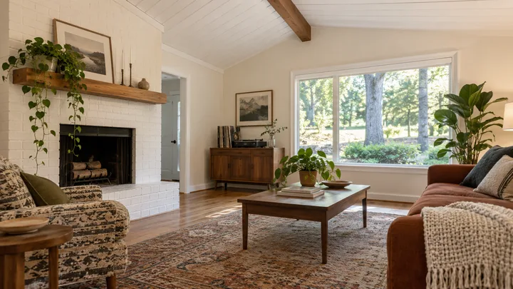 AI concept: bright vaulted family room with white paint and natural wood