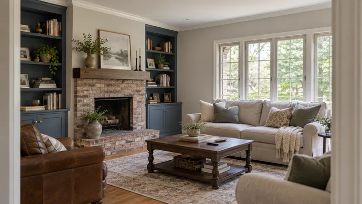 AI concept: freshly painted living room with blue built-ins and natural oak floors